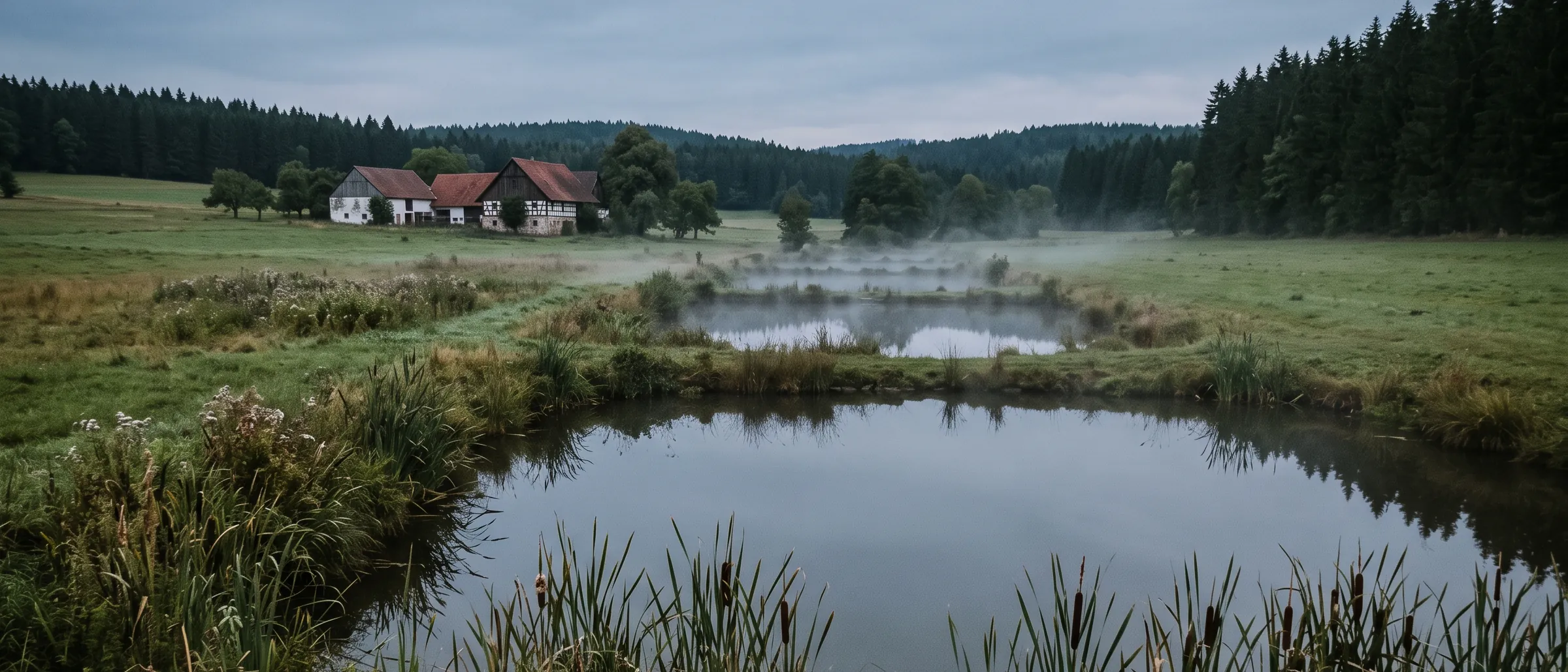 Weiherlandschaft mit Bauernhöfen, Wiesen und Waldrand im Morgennebel